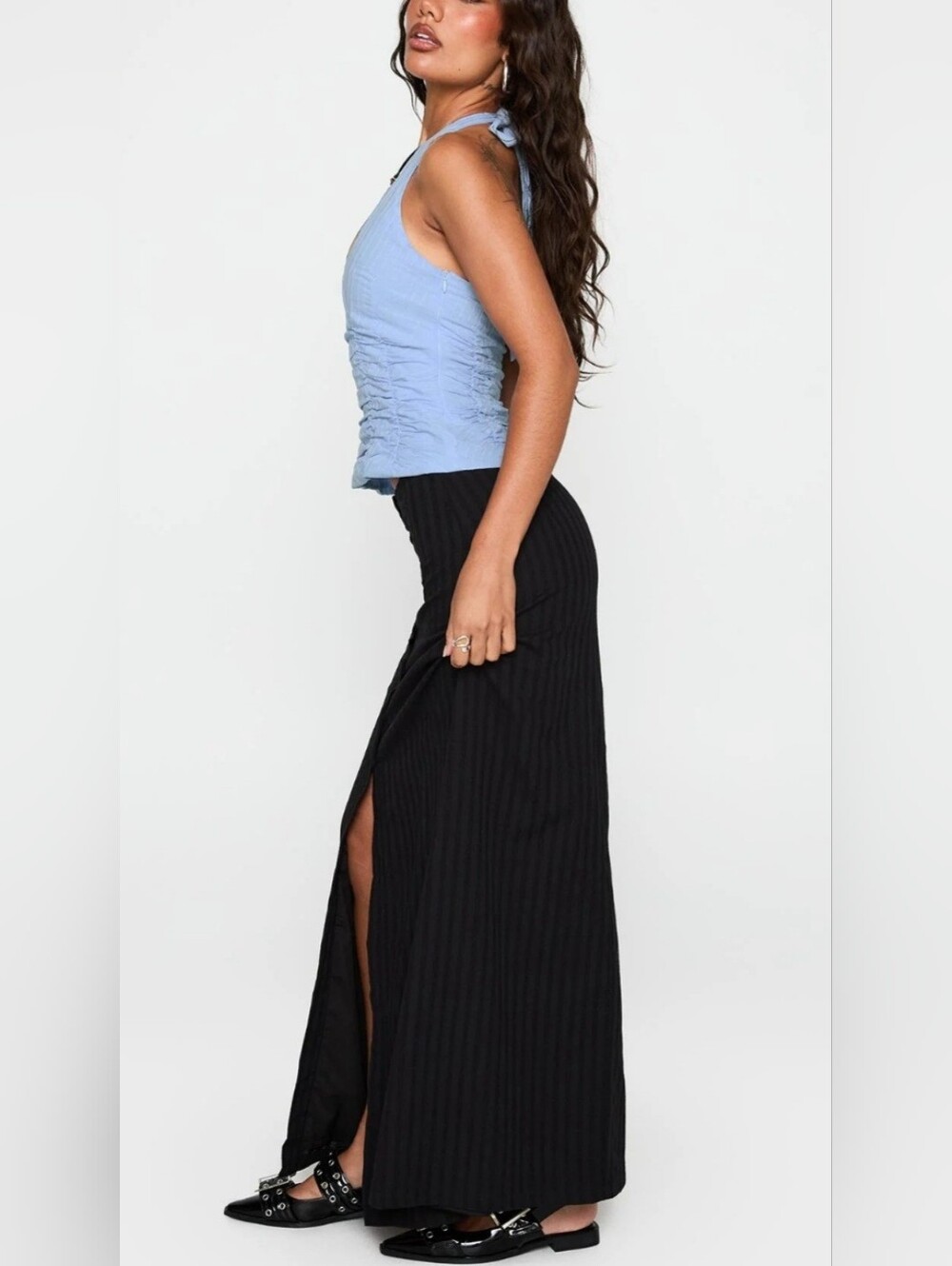 Princess Polly Stretch Black Ribbed Maxi Skirt with Side Slit - Women Size 4
